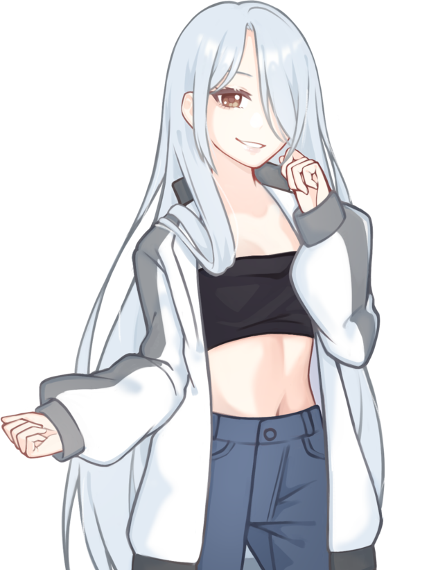An anime character with long, straight white hair. She is smiling confidently with her right hand raised slightly near her face. Her outfit consists of a loose, oversized white jacket with dark gray accents, paired with a black cropped top that reveals her midriff. She is also wearing casual blue pants and dark boots. She has brown eyes with light skin.